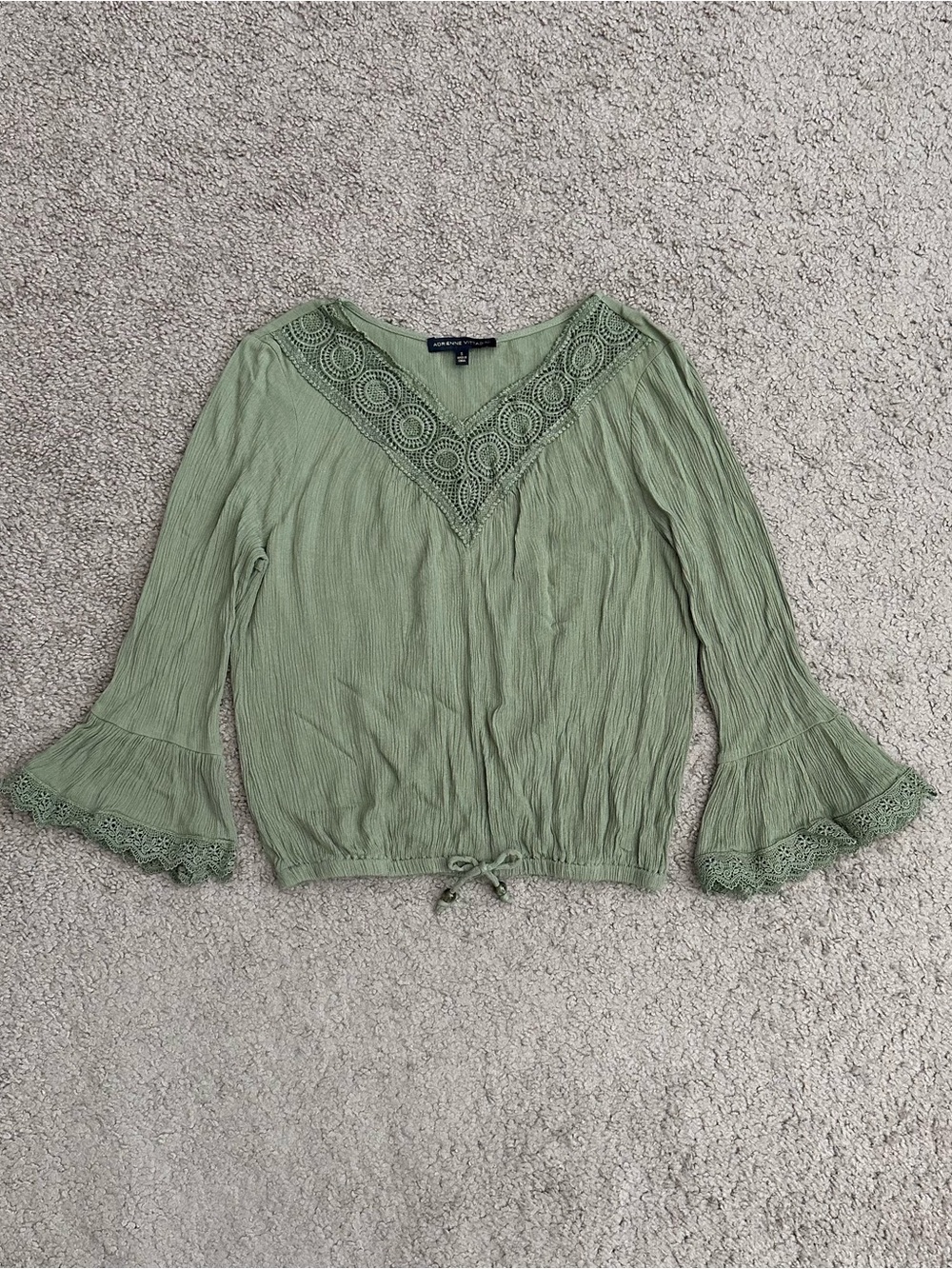 Adrienne Vittadini Sage Green Crochet-Trim V-Neck Shirt Womens S